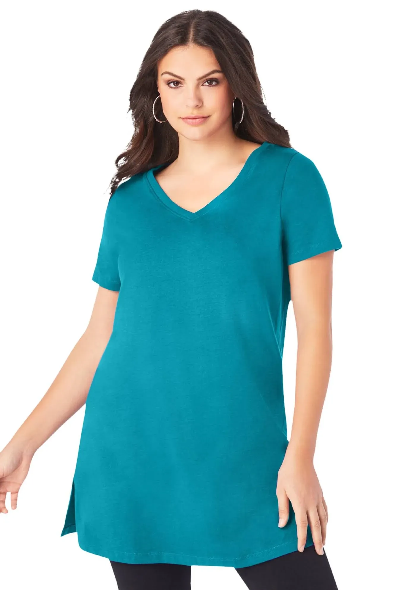 Roaman's Women's Plus Size Short-Sleeve V-Neck Ultimate Tunic, 1x - Deep Turquoise