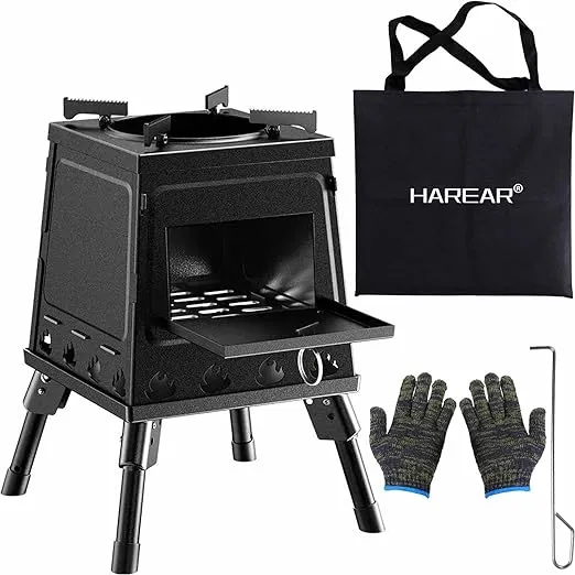 Wood Burning Camp Stove, Folding Cast Iron Camping Wood Stove with Carrying Case Portable for Backpacking Outdoor Cooking BBQ, Black, Small