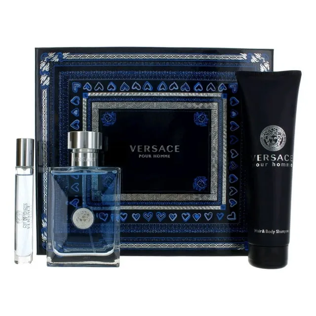 Versace Versace Pour Homme Men 3.4oz EDT Spray, 10ml EDT spray, 5.0oz Hair and Body Shampoo 3 Pc Gift Set