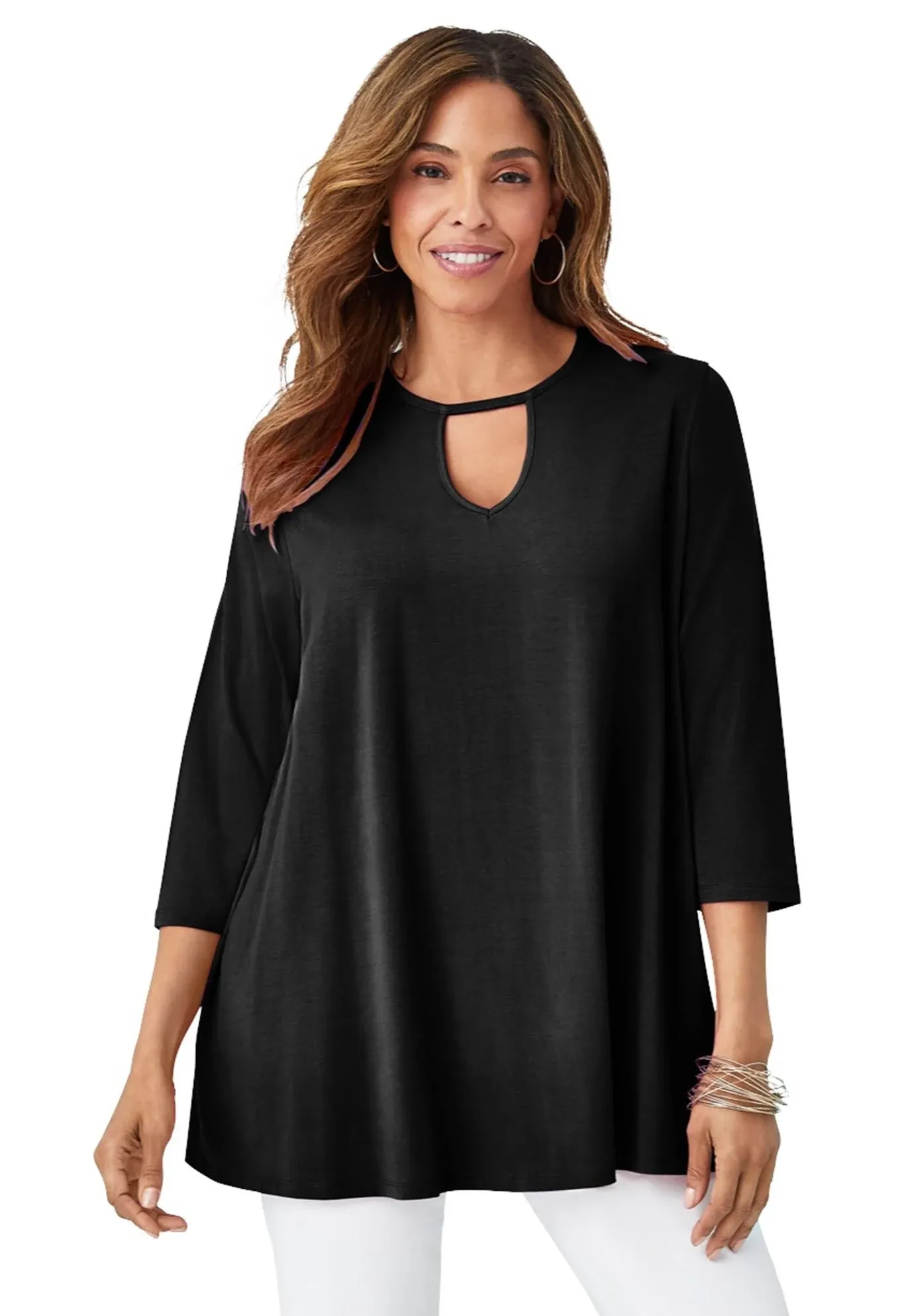 Jessica London Plus Size Women's Stretch Knit Keyhole Swing Tunic