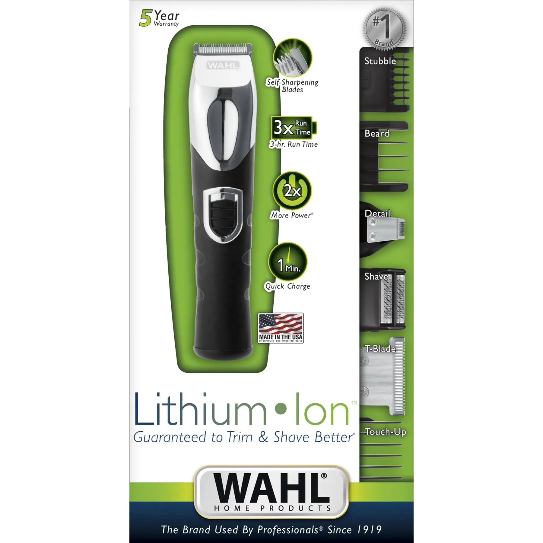 Wahl USA Rechargeable Lithium Ion All in One Beard Trimmer for Men with Detail and Ear & Nose Hair Trimmer Attachment – Model 9854-600B