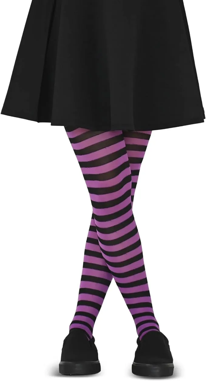 Skeleteen Black and Purple Tights - Striped Nylon Stretch Pantyhose Stocking Accessories for Every Day Attire and Costumes for Teens and Children