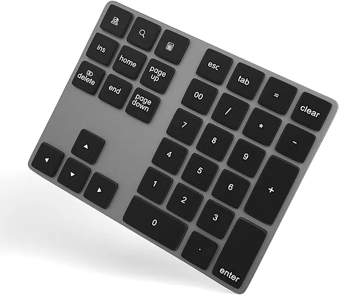 Foloda Bluetooth Numeric Keypad Aluminum Rechargeable 34-Keys Wireless Number Pad External 10 Keys Numpad Data Entry Compatible for Laptop MacBook