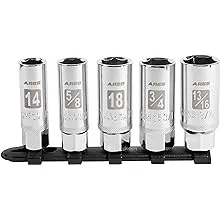 ARES 11007-5-Piece High Visibility 3/8-Inch Drive SAE & Metric Spark Plug Socket Set - Heat Treated CR-V Steel Mirror Polish Sockets with Rubber Retaining Rings - Spark Plug Removal