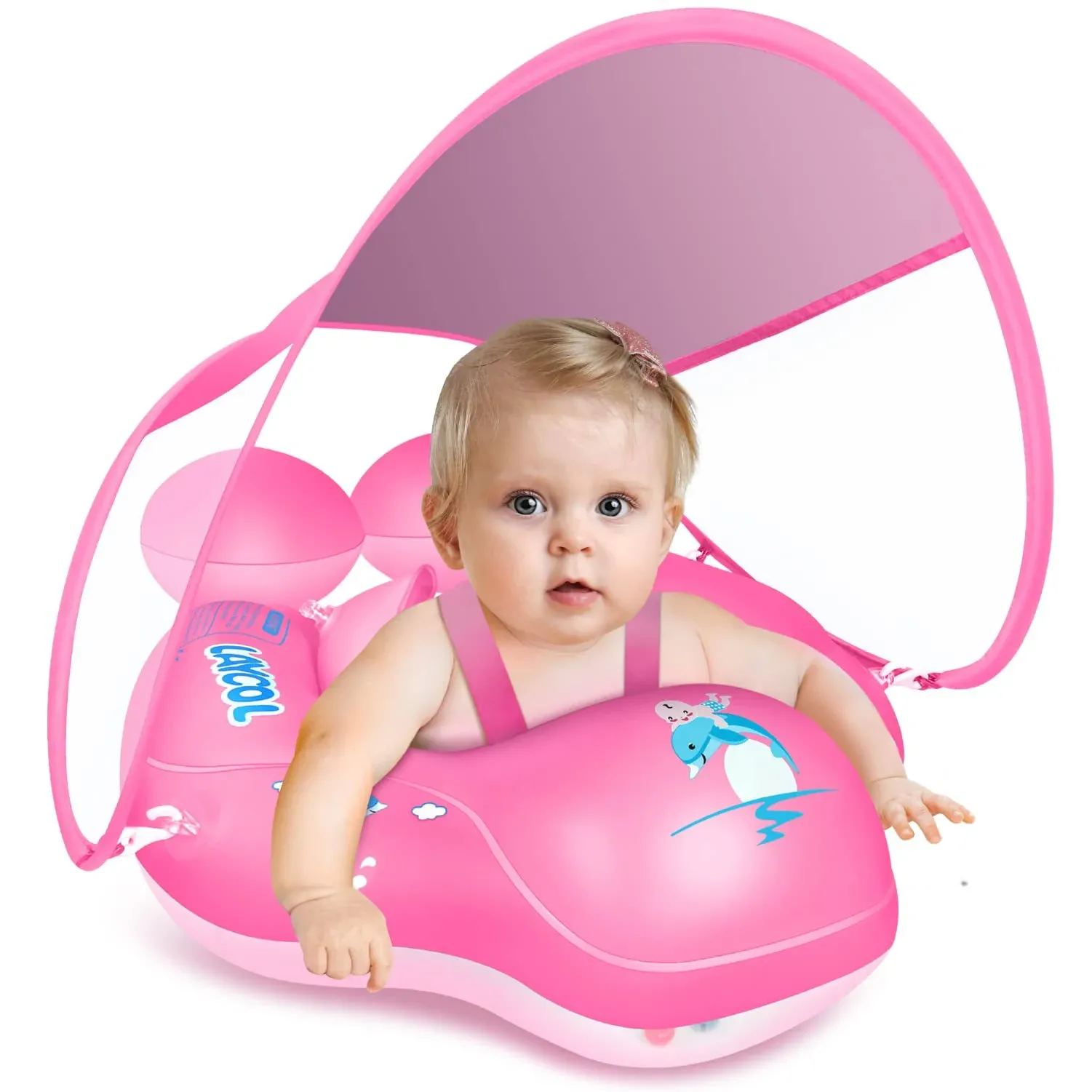 LAYCOL Baby Swimming Float Inflatable Baby Pool Float Ring Newest with Sun Protection Canopy,add Tail No Flip Over for Age of 3-36 Months