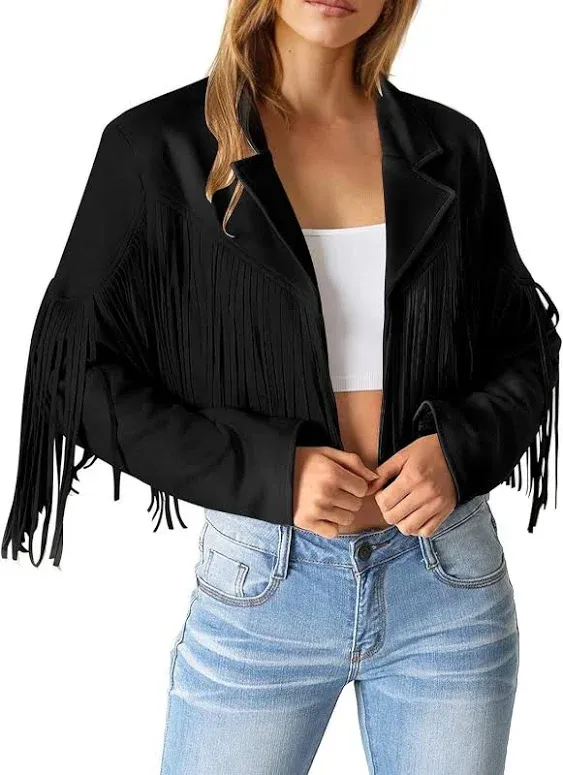 Women&#039;S Fringe Faux Suede Leather Jackets 2023 Fashion Tassel Motorcycle Cropped