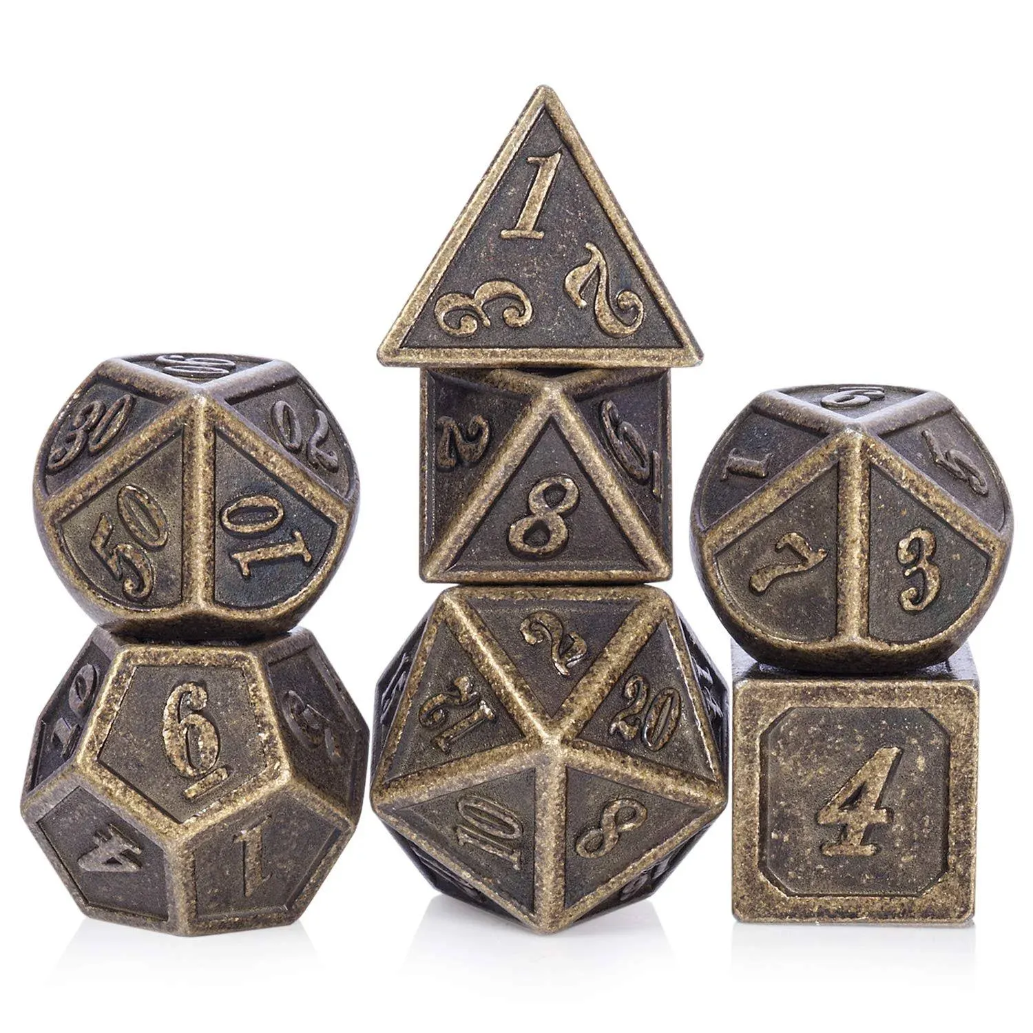 DnDnD Ancient Design Dice, 7PCS Brass DND Metal Dice with Metal Box for Table Games Dungeons and Dragons D&D