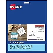 Avery Square Cards with Sure Feed Technology, 3" x 3", Matte White, 150 Square Cards Total, Print-to-The-Edge, Laser/Inkjet Printable Cards (35006)