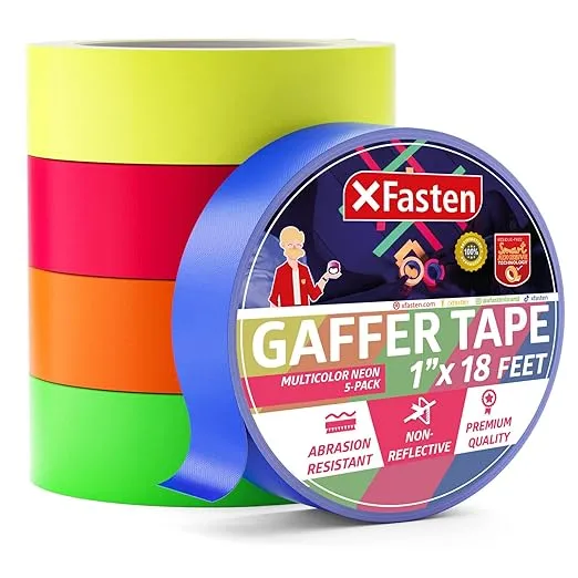 XFasten Multicolor Neon Gaffer Tape, 1-inch x 18-feet Multipurpose Gaffers Tape (5-Pack), UV Backlight Reactive Fluorescent Pro Gaff Tape, Heavy Duty Matte Fluorescent Gaffers Tape