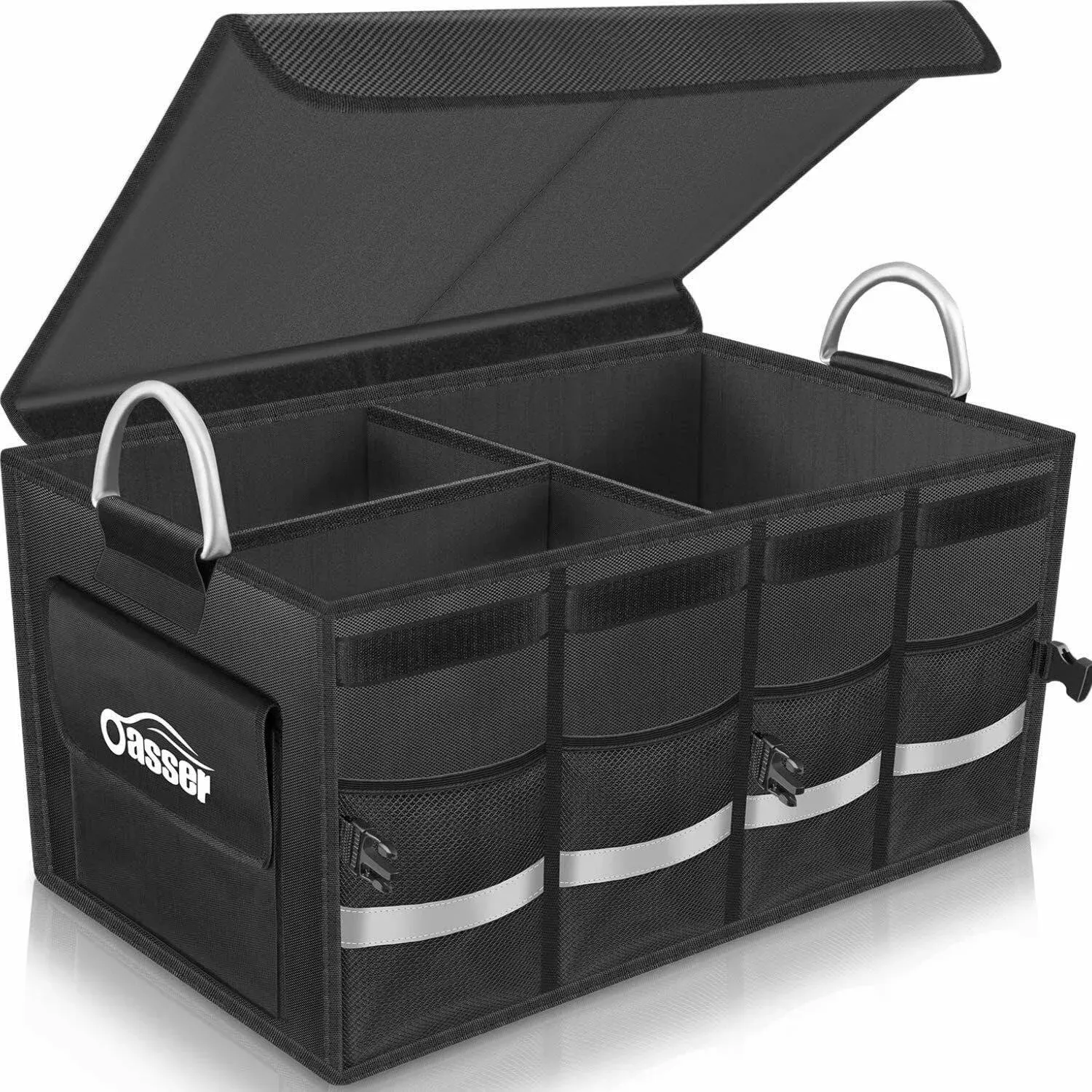 Oasser Trunk Organizer Cargo Organizer Trunk Storage Organizer with Foldable Cover Aluminium Alloy Handle Reflective Stripe