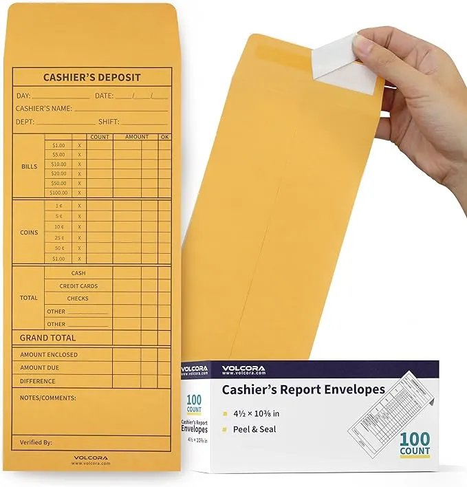 Volcora 100 Pack Cashier Envelopes, Cash Deposit Envelopes, Self Adhesive Cash Envelopes, Money Envelopes, Brown Kraft Bank Deposit Slips for Retailers, Restaurants, Small Businesses, Stores