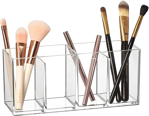 Amazing Abby - Glamour - 2-Pack Acrylic 4-Compartment Makeup Organizer, Transparent Plastic Makeup Brush Holder, Perfect Bathroom Vanity Storage