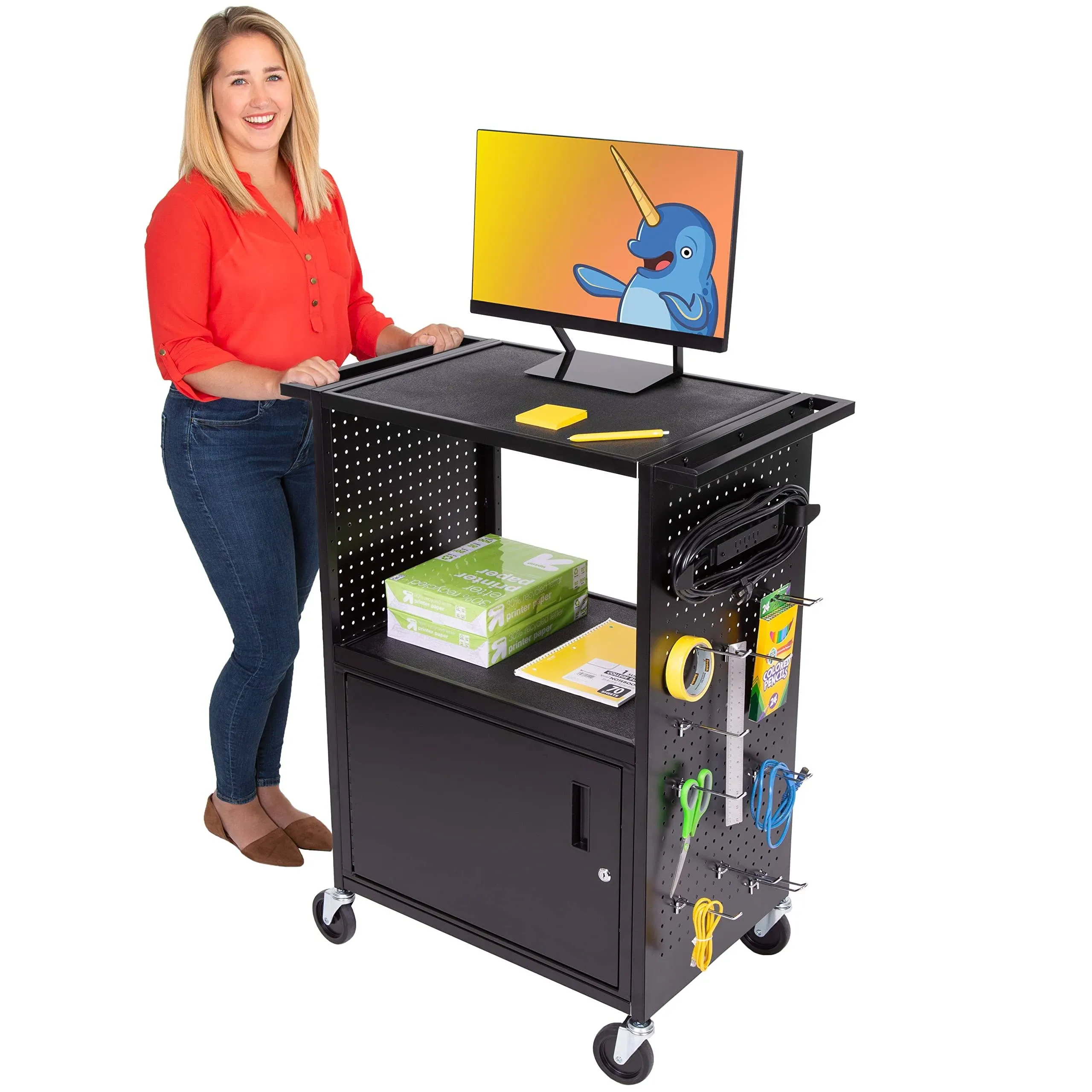 Line Leader Stellar AV Cart | Reimagine Your Teacher Cart with Revolutionary Pegboard Siding & 12 Movable Peg Hooks for Customizable Storage | UL Safety Certified Mobile Workstation & Computer Cart