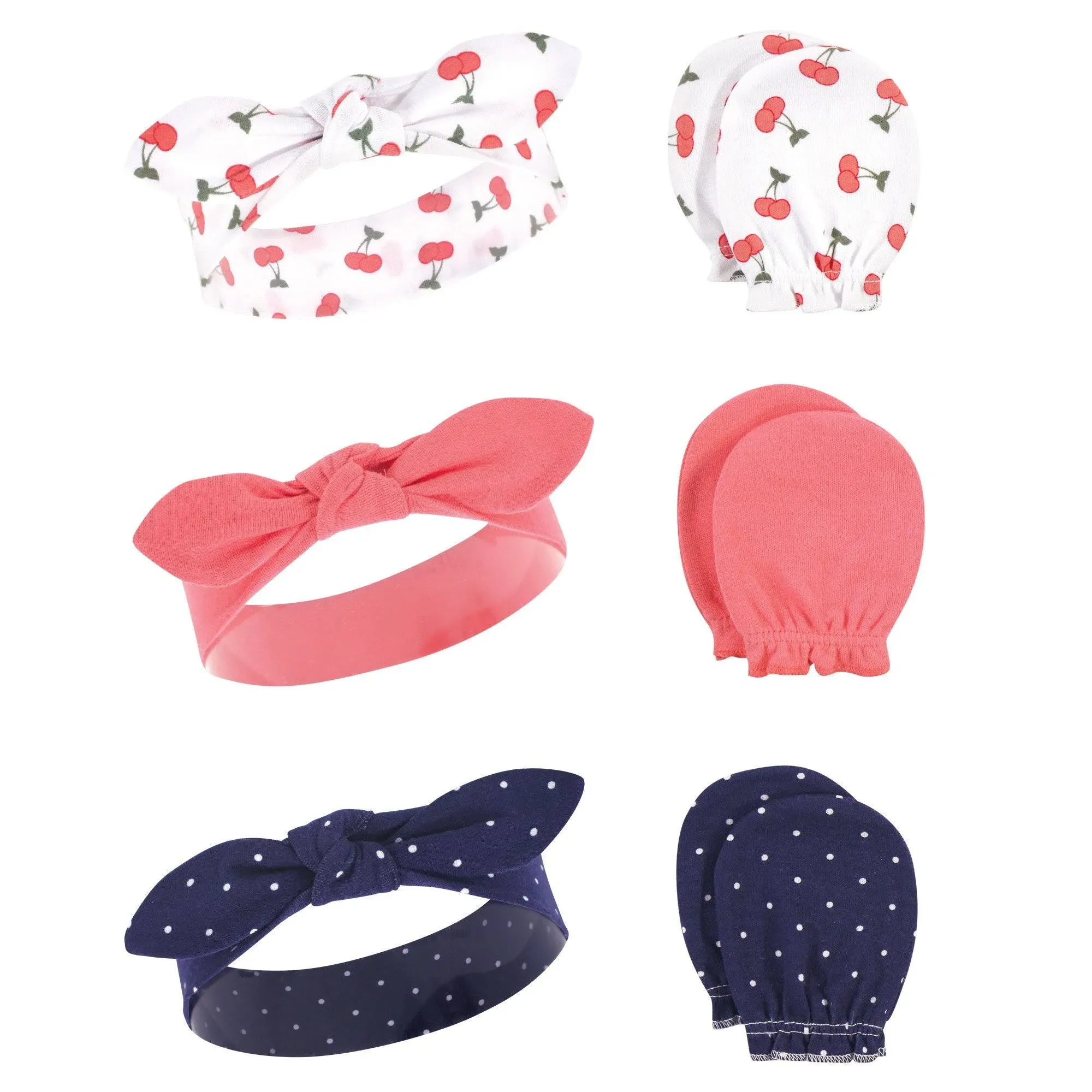 Hudson Baby Infant Girl Cotton Headband and Scratch Mitten 6pc Set, Cherries, 0-6 Months