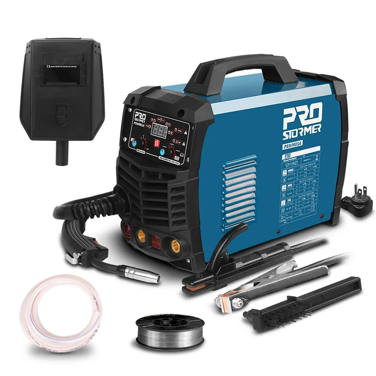 Prostormer Welding Machine, MIG/TIG/MMA 3 in 1 Multifunctional Welder with Digital Display, Electrode Holder, Earth Clamp, Input Power Adapter Cable and Brush