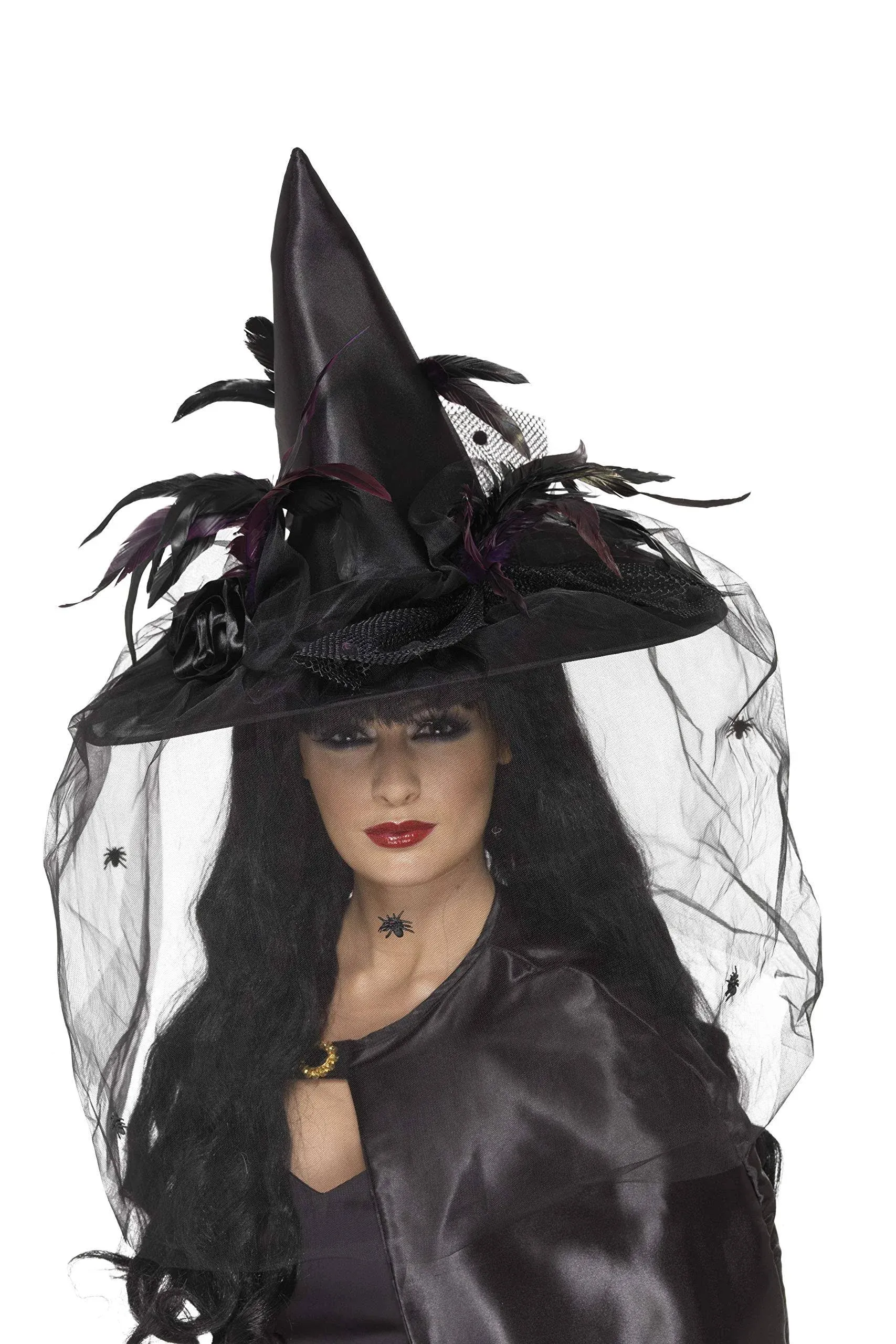 Black Feathers &amp; Netted Spider Veil Witch Hat