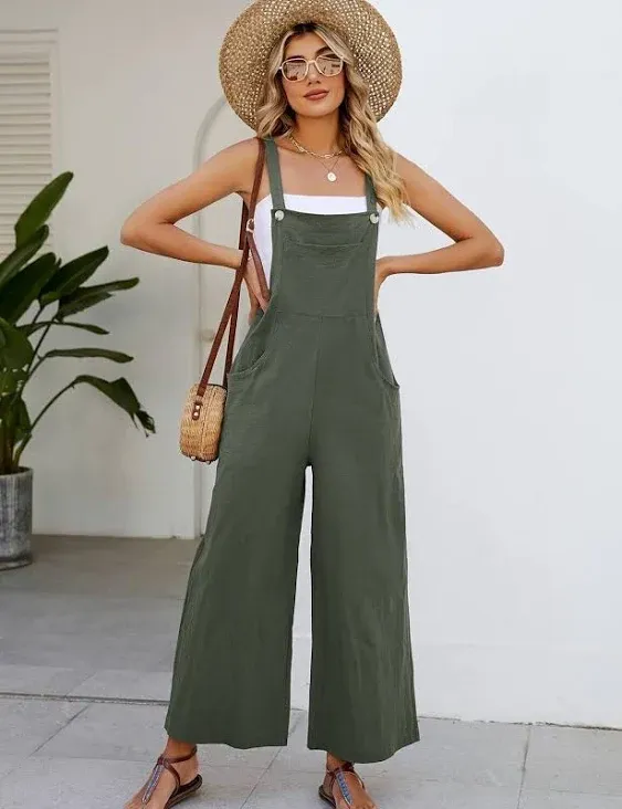 COZYPOIN Women's Cotton Bib Overalls Wide Leg Loose Fit Jumpsuit Baggy Fashion Sleeveless Rompers