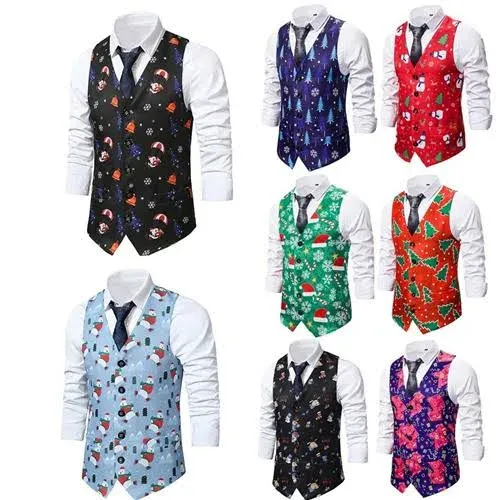 Mens Christmas Vest with Snow/Snowman/C<wbr/>hristmas Tree Holiday Waistcoat Vest Suit