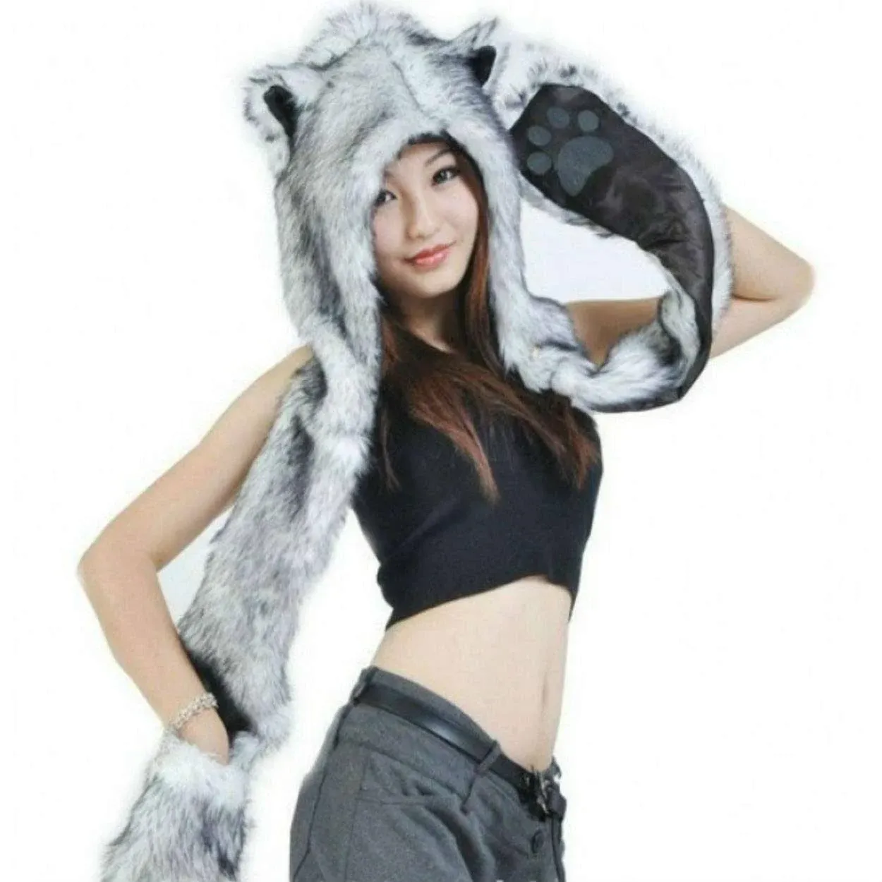 Grey Gray Wolf Anime Faux Animal Hood Hoods Mittens Gloves Scarf Paws Ears