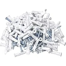 Ribbed Wall Anchors #10-#12 1-1/4-Inch with Screws 100-Pack, Blue, Plastic Anchor for Drywall/Concrete, Pan Head Phillips Screw Included