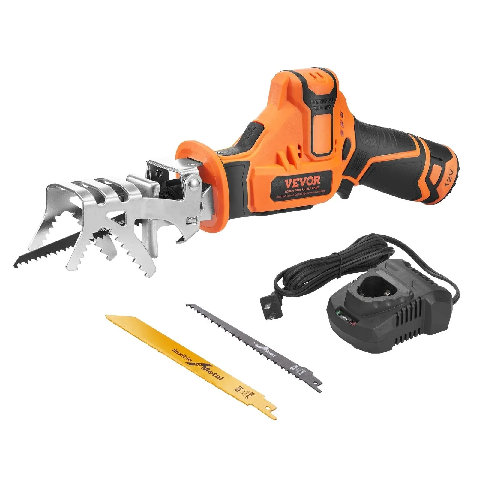 VEVOR Cordless Reciprocating Saw, 0-2700RPM Variable Speed, 0.8" Stroke Fast Cutting, 12V 45 Mins Fast Wireless Charging, Battery Powered with Branch Support and Blades for Wood, Metal, PVC | VEVOR US