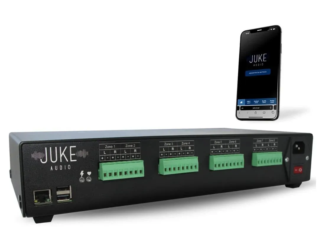 Juke-6 | 6 Zone Audio Amplifier | Wirelessly Controlled Multi-Room Audio System | Compatible with Airplay 2, Spotify Connect, Bluetooth, DLNA