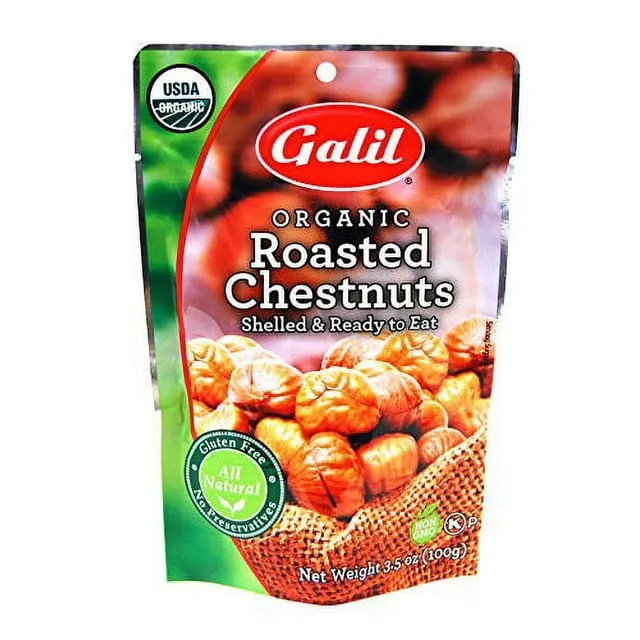 Galil Organic Roasted Chestnuts | Shelled | Ready to Eat Snack | Gluten Free, All Natural, 100% Vegan, No Preservatives | Great for Snacking, Baking, Cooking & Turkey Stuffing | 3.5oz Bags (Pack of 3)