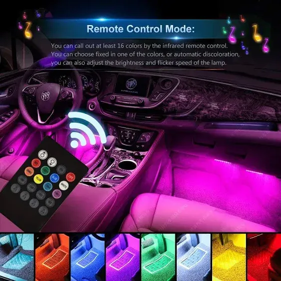 Car LED Strip Lights, 4Pcs 48 LED Interior Lights, Multicolor Music Car Strip Light Under Dash Lighting Kit with Sound Active Function and Remote Controller, DC 12V