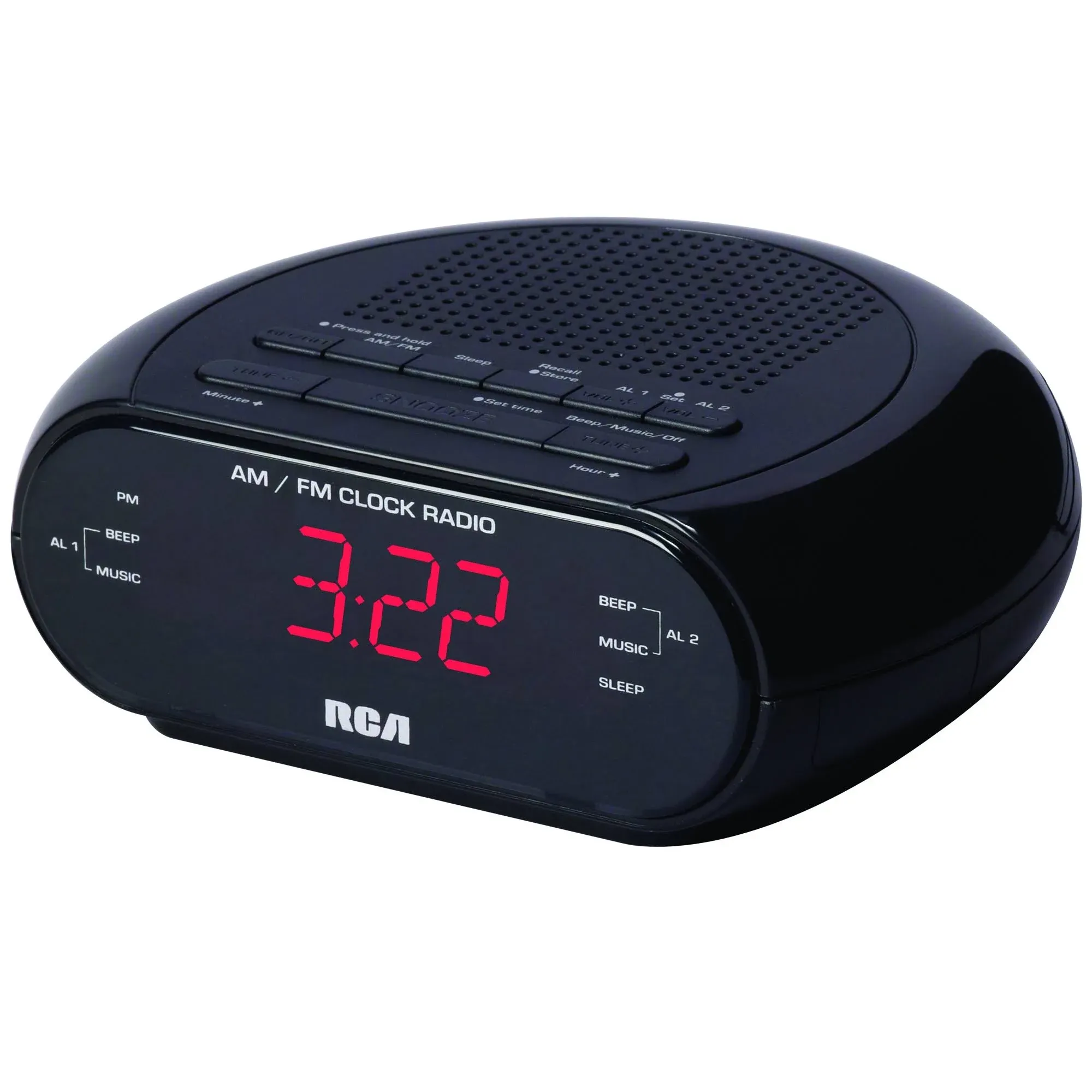 RCA RC205A AM/FM Alarm Clock, Black, Dual Wake, 0.6" Red LED, Sleep and Snooze Functions