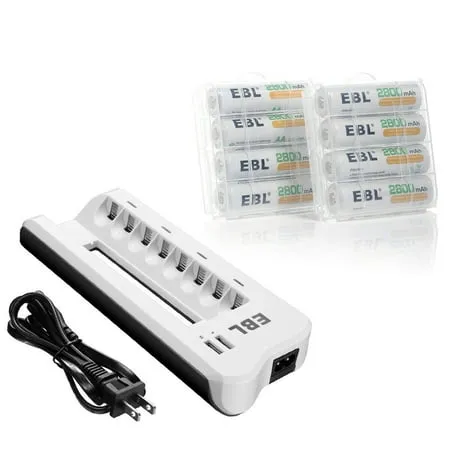 EBL AA 2300mAh (8 Pack) and AAA 1100mAh (8 Pack) Ni-MH Rechargeable Batteries and 808U AA AAA Rechargeable Battery Charger with 2 USB Charging Ports