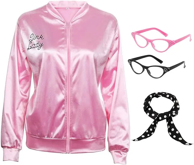 50S Pink Satin Costume Jacket with Polka Dot Scarf Cat Eye Glasses Women Girls