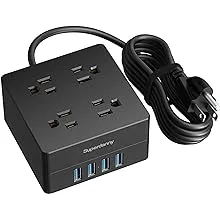 5ft Power Strip, SUPERDANNY Surge Protector 900 Joules, 4-Outlet 4-USB Extension Cord, Overload Switch, Grounded, Mountable, Desktop Charging Station for Home, Office, School, Dorm, Computer, Black