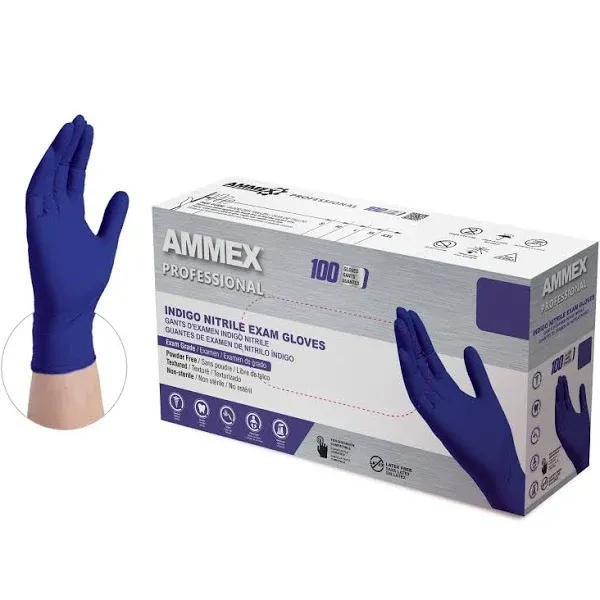 AMMEX Indigo Nitrile Exam Gloves, 3 Mil, Latex Free, Powder Free, Textured, Disposable, Non-Sterile, Food Safe