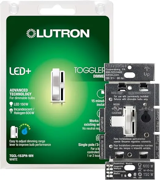 Lutron Toggler LED+ Dimmer Switch | 150-Watt LED, Single-Pole/3-Way | TGCL-153PH-WH | White