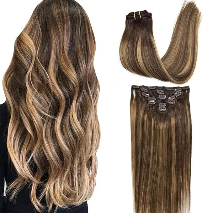 Goo Goo Hair Extensions Clip in Human Hair Ombre Chocolate Brown to Caramel Blonde 120g 7pcs Remy Human Hair Extensions Clip in Real Hair Extensions