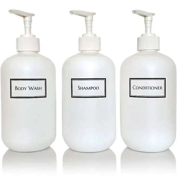 Silkscreened Empty Shower Bottle Set for Shampoo, Conditioner, and Body Wash, Squat 16 oz 3-Pack, White