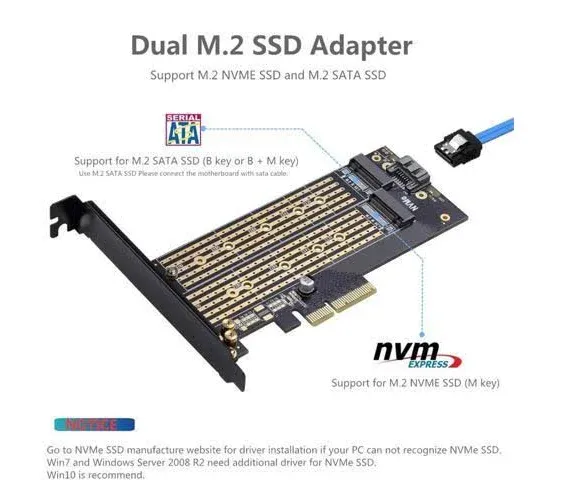 Dual M.2 PCIe Adapter for SATA or PCIe NVMe SSD with Advanced Heat Sink Solution ...