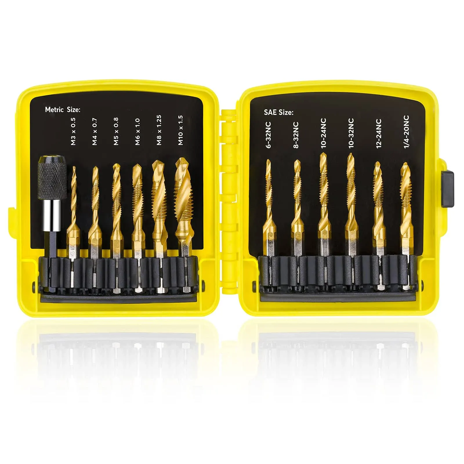 13 Pc. SAE/Metric Threading Tap Drill Bit Set with 1/4 inch Hex Shank, 3-in-1