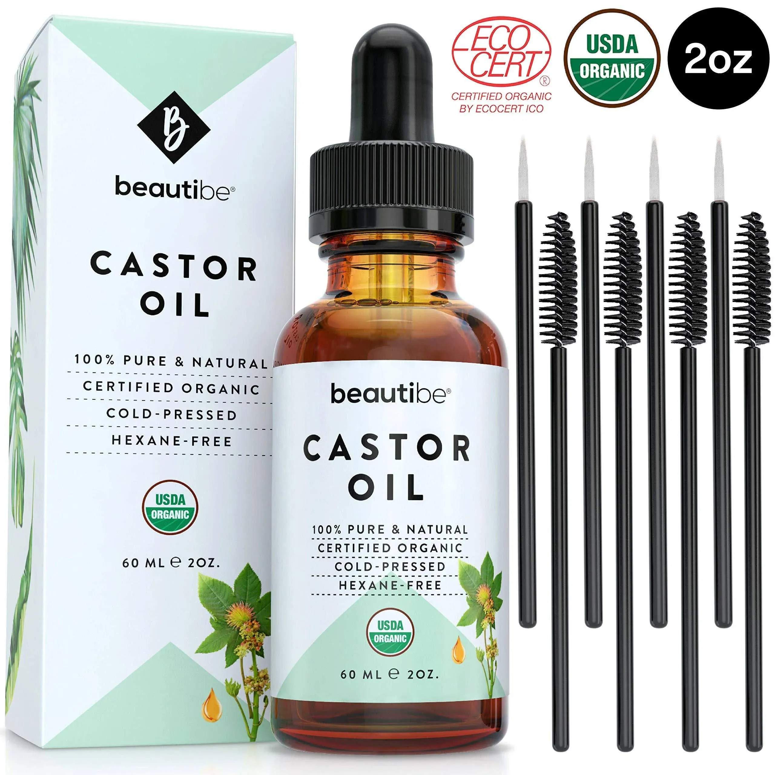 Castor Oil for Eyelashes and Eyebrows - USDA Certified Organic Castor Oil for Hair Growth - Cold-Pressed & Unrefined - Hair Growth Oil & Eyelash Growth Serum (Includes Applicators) | BeautiBe