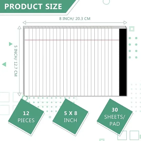 Legal Pads 5×8 Inch Notepad, 12 Pack Note Pads College Ruled Perforated Memo Pad for Work Study Daily Note Taking List, Lined Writing Pads Memo Refills Notepads for Office Home School, 30 Sheet/ Pad