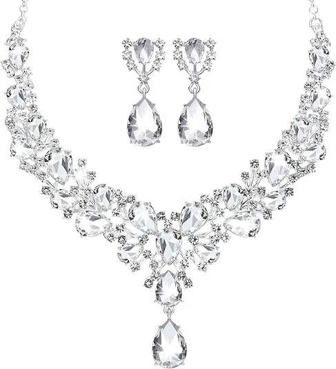 Hicarer Bridal Teardrop Cluster Crystal Jewelry Set for Women Necklace Earrings Wedding