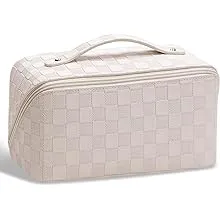 Cessfle Large Capacity Travel Cosmetic Bag, Travel Makeup Bag, Checkered Makeup Bag Open Flat Toiletry Bag Leather Waterproof Flat Lay Makeup Organizer Bag with Handle and Divider for Women