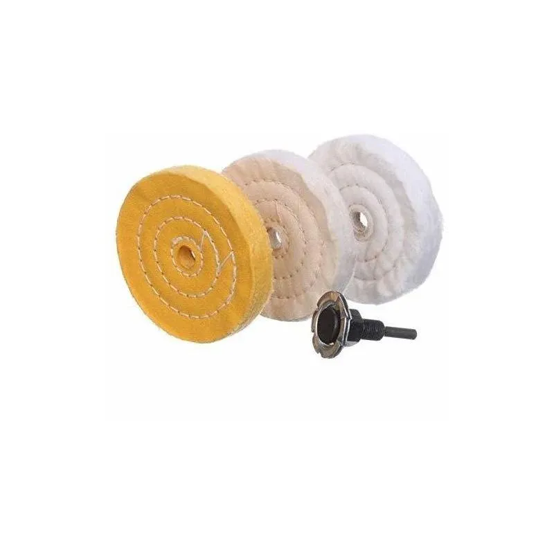 4 Inch 1 Ultra fine Cotton(30 Ply) 1 Treated Yellow Cotton (38 Ply) 1 Fine Cotton (50Ply) Buffing Polishing Wheel for Drill 1/2 inch Arbor Hole with 1/4'' Handle,3pcs (A)