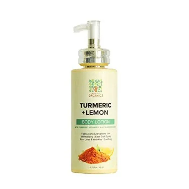 Motor City Organics' Turmeric Lemon Body Lotion - Natural Brightening & Firming Lotion. No Stain & Clean Scent. For All Skin Types | Made with Turmeric, Vitamin C and Hyaluronic Acid - 10.15 Oz Bottle