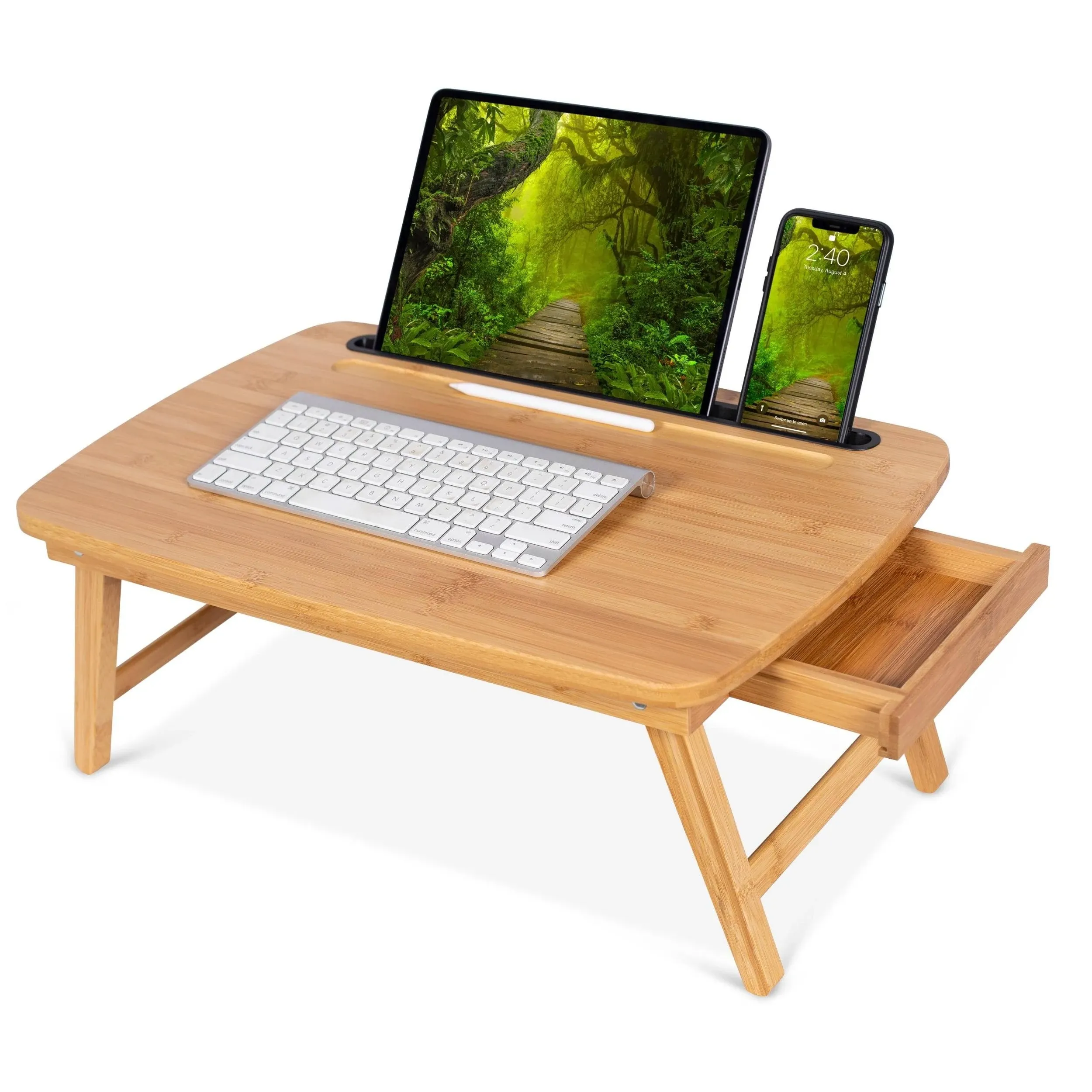 BIRDROCK HOME Bamboo Wood Lap Tray with Foldout Legs, Storage Drawer, Fits Laptops Up to 17", Tablet and Phone Slot, Laptop Table for Sitting or Standing, Work from Home, Workstation - Natural