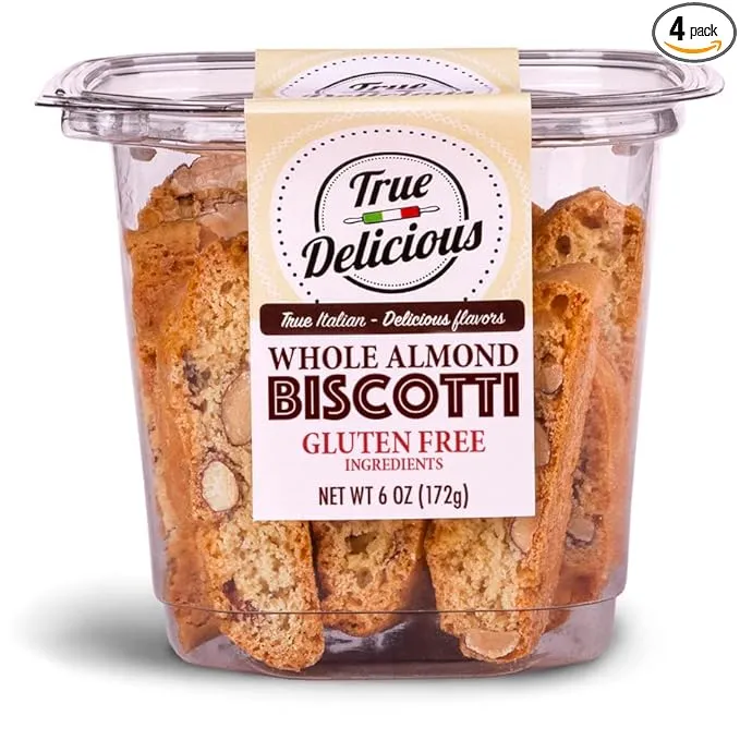 True Delicious GLUTEN FREE INGREDIENTS ALMOND BISCOTTI, buttery, fine Italian cookies, baked twice (4 boxes of 6oz each)True Delicious GLUTEN FREE INGREDIENTS ALMOND BISC…