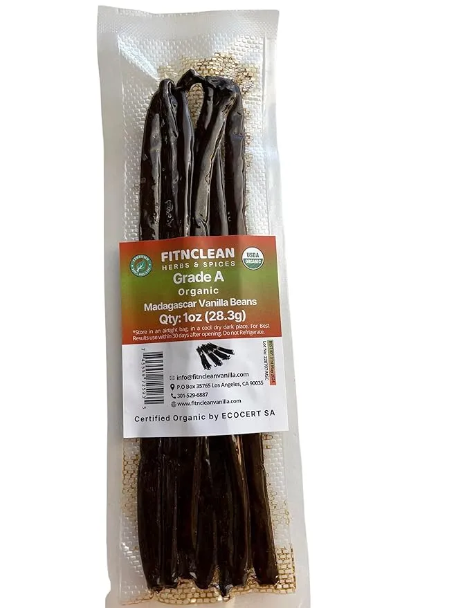 1oz. Madagascar Organic Vanilla Beans Gourmet Grade A. Certified USDA Organic 6"-7.5" by Fitnclean Vanilla for Cooking, Brewing, Extract Fresh Bourbon