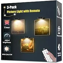 3-Pack Picture Light Battery Operated, Magnetic Led Lights with Remote, Dimmable and Timer Painting Light, Art Display Light for Picture Frame Artworking Portrait, Home Wall Decor Puck Lights, Gold