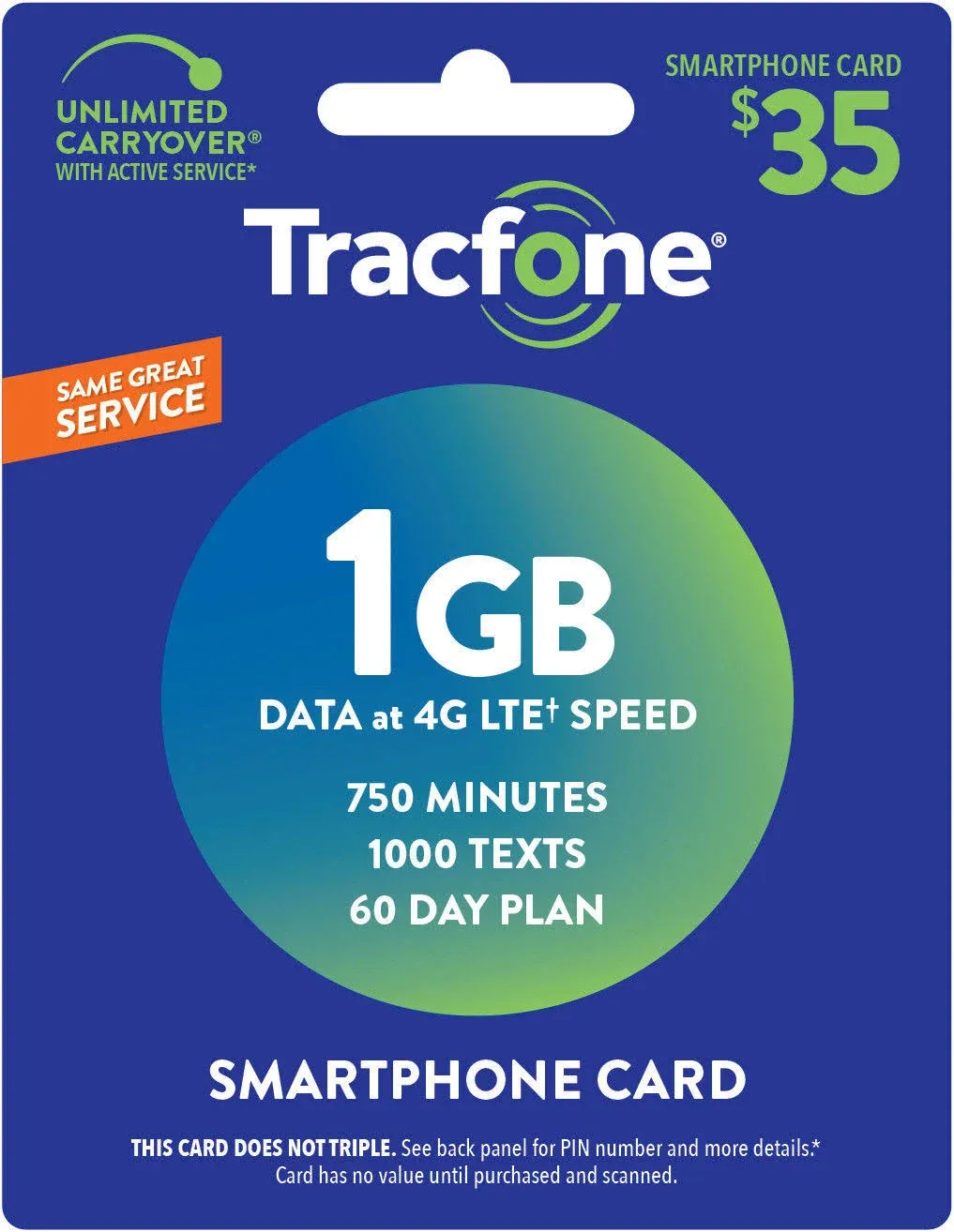 TracFone Smart phone Plan - 60 Days/750 Minutes/1000 Texts/1GB Data Android Cell