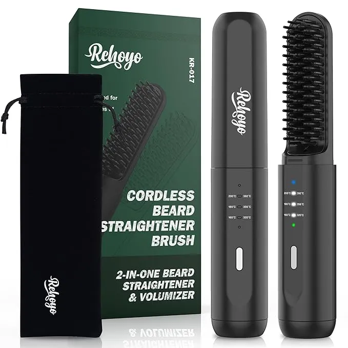 Beard Straightener for Men, REHOYO Portable Cordless Hair Straightener, Anti-Scald Heated Beard Brush, Electric Hot Comb 3 Temp Settings, Ionic Mini Straightener for Home Travel, Gifts for Men Him